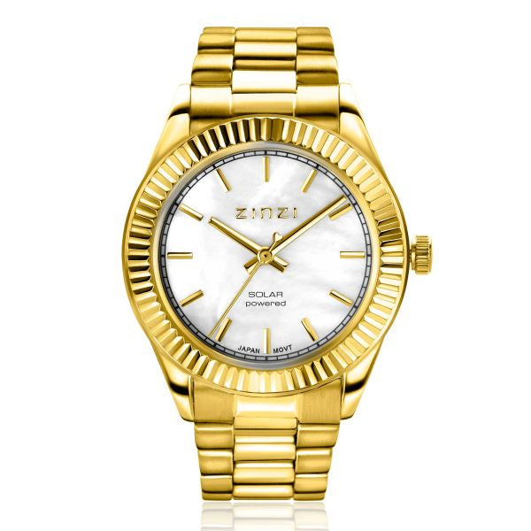 ZINZI Solaris horloge met witte parelmoer wijzerplaat, stalen geelgoudkleurige kast 35mm en stalen band met clip-sluiting. Het Japanse uurwerk loopt op zon- en kunstlicht ZIW2134